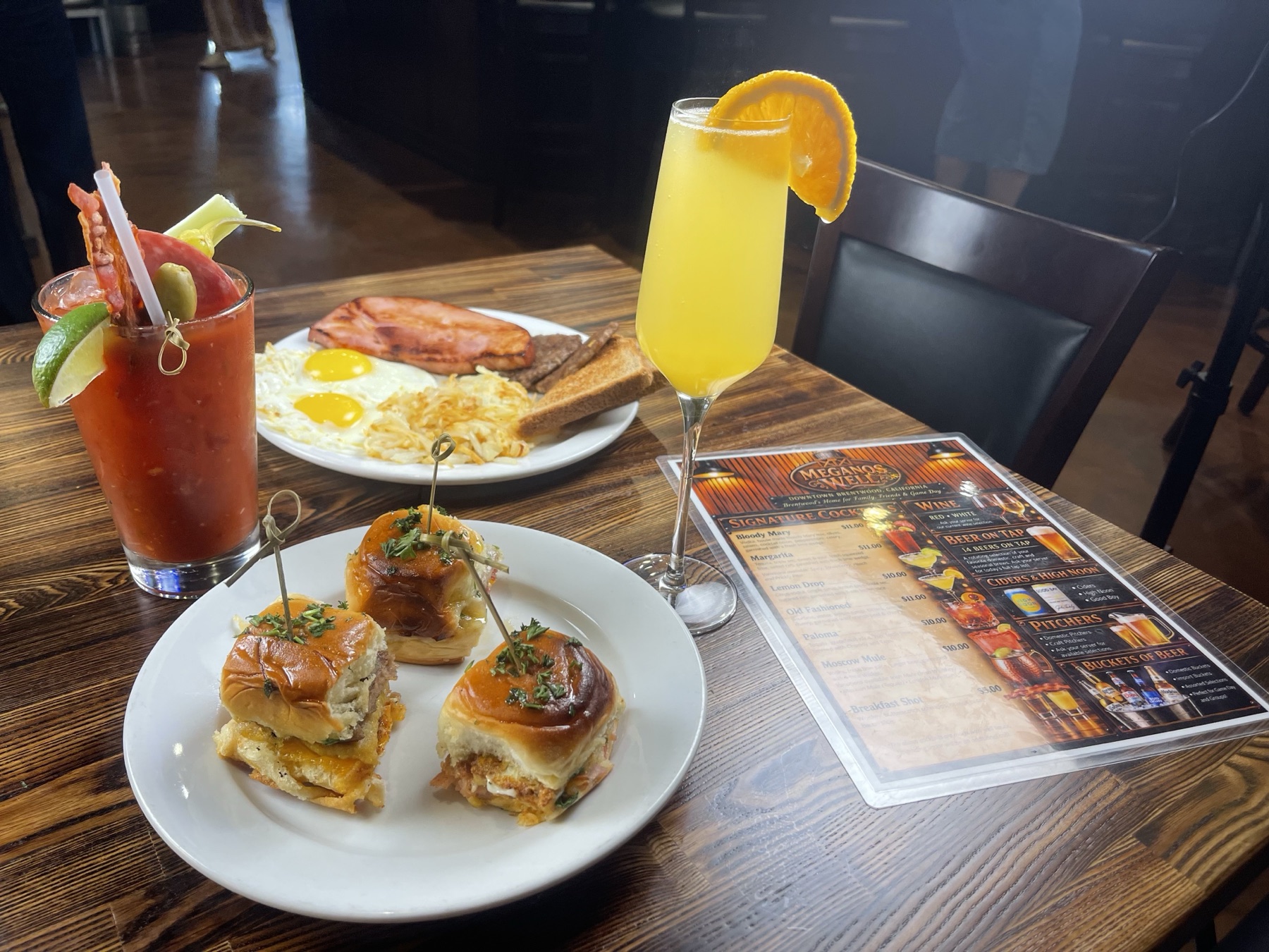 Breakfast sliders, eggs, a Bloody Mary and a mimosa