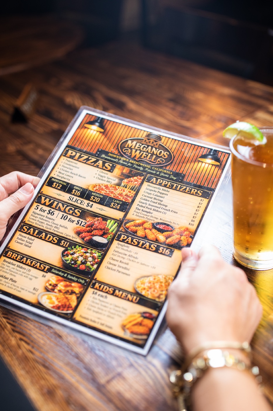 The Meganos Well menu and a cold beer