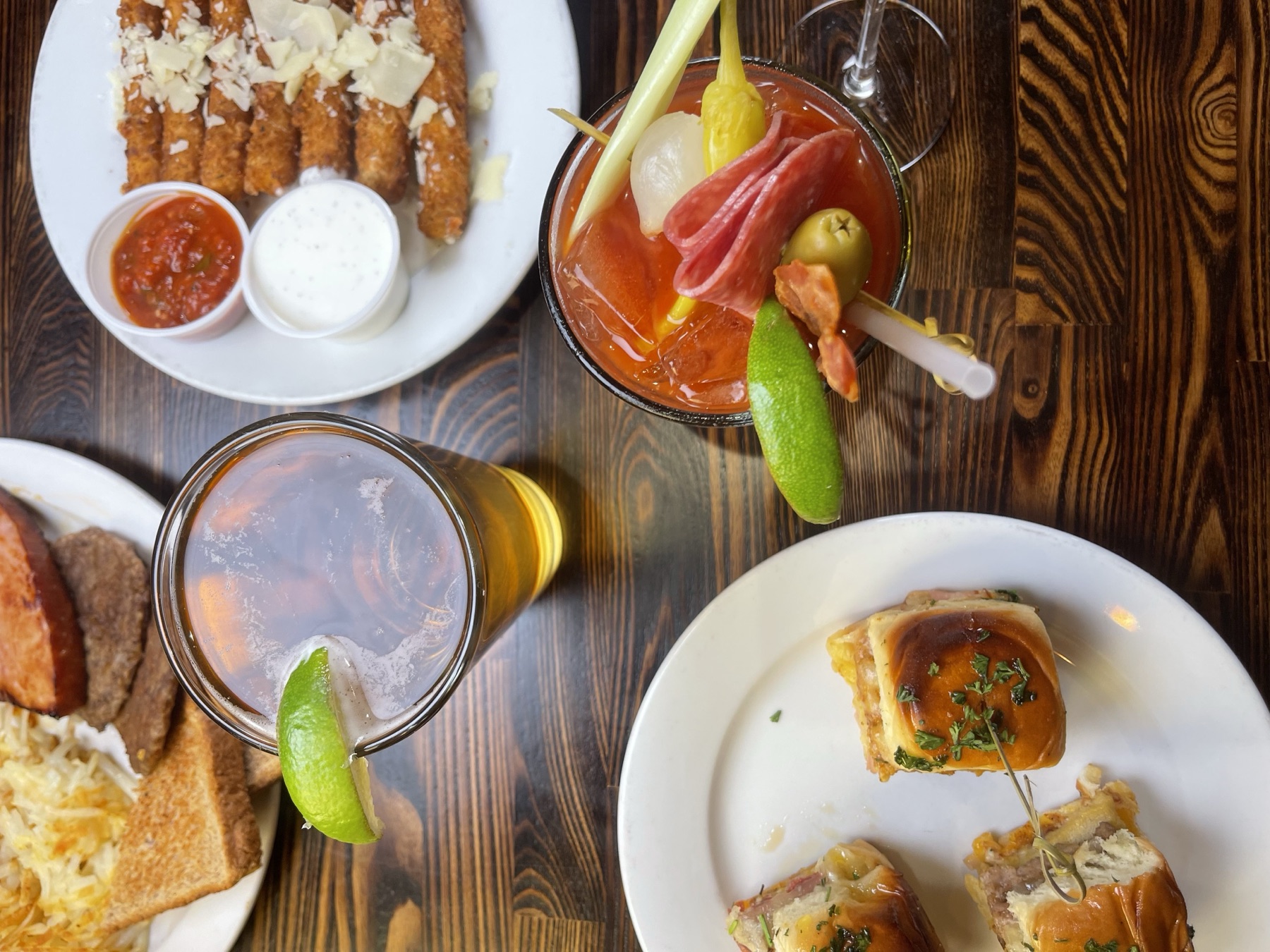Mozzarella sticks with marinara and ranch, a cold pint and a Bloody Mary